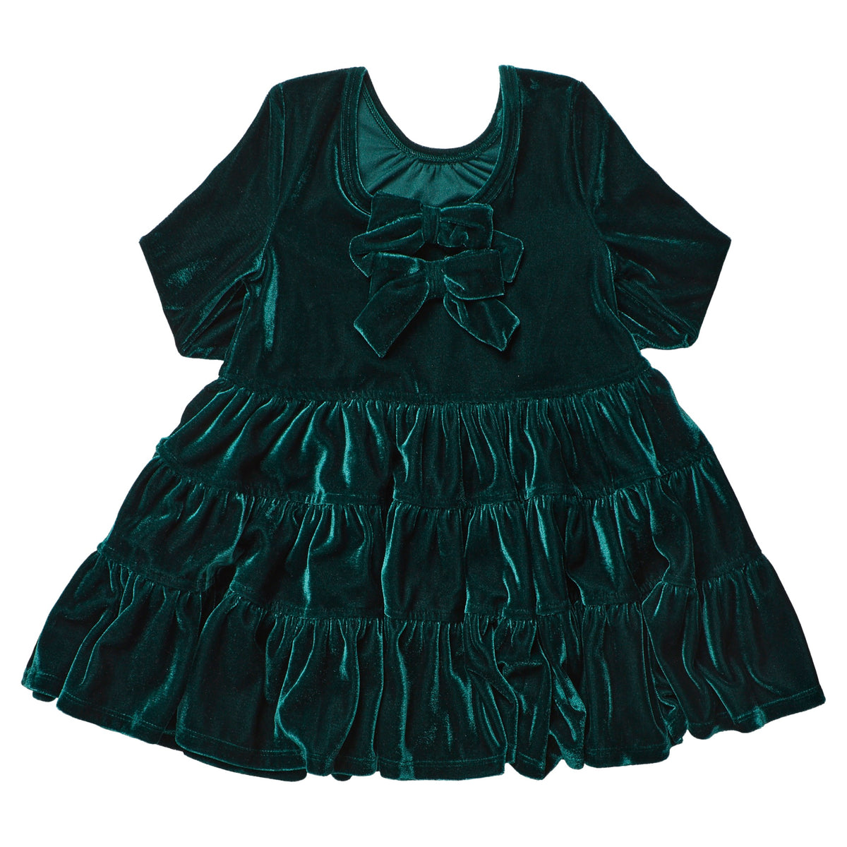 Girls’ Pearl Dress in evergreen velour with short sleeves, a neckline bow, and a tiered, ruffled skirt.