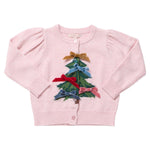 Pink Chicken Girls’ Constance Sweater, a light pink button-down cardigan featuring a green Christmas tree graphic decorated with velvet bows.