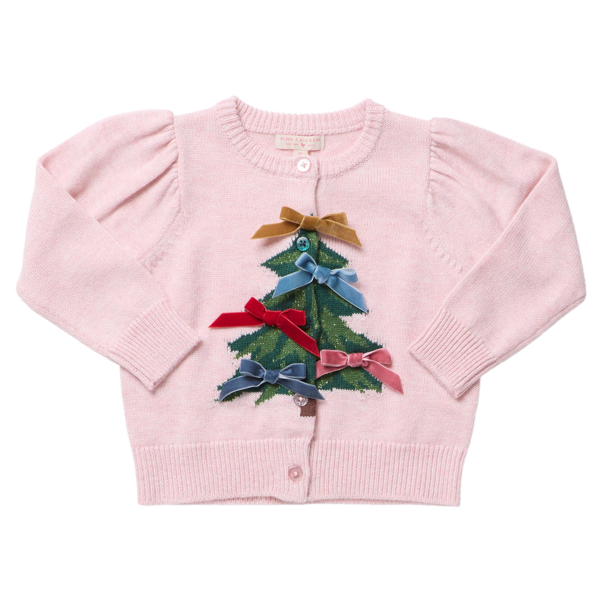Pink Chicken Girls’ Constance Sweater, a light pink button-down cardigan featuring a green Christmas tree graphic decorated with velvet bows.