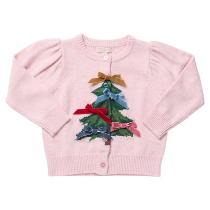 Pink Chicken Girls’ Constance Sweater, a light pink button-down cardigan featuring a green Christmas tree graphic decorated with velvet bows.