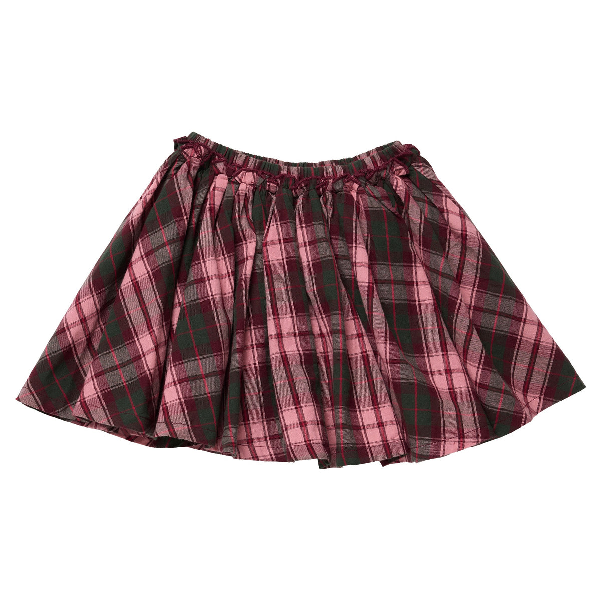 A Pink Chicken Girls’ Gianna skirt featuring a pleated, pink and dark green tartan plaid pattern with an elastic waistband.