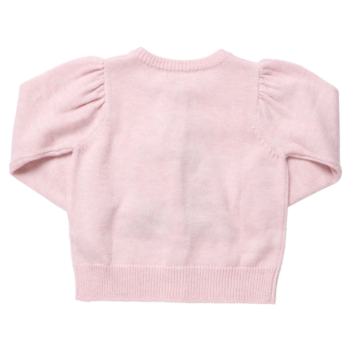 Pink Chicken Girls’ Constance sweater in light pink with puffed shoulders, ribbed trim, and velvet bows.