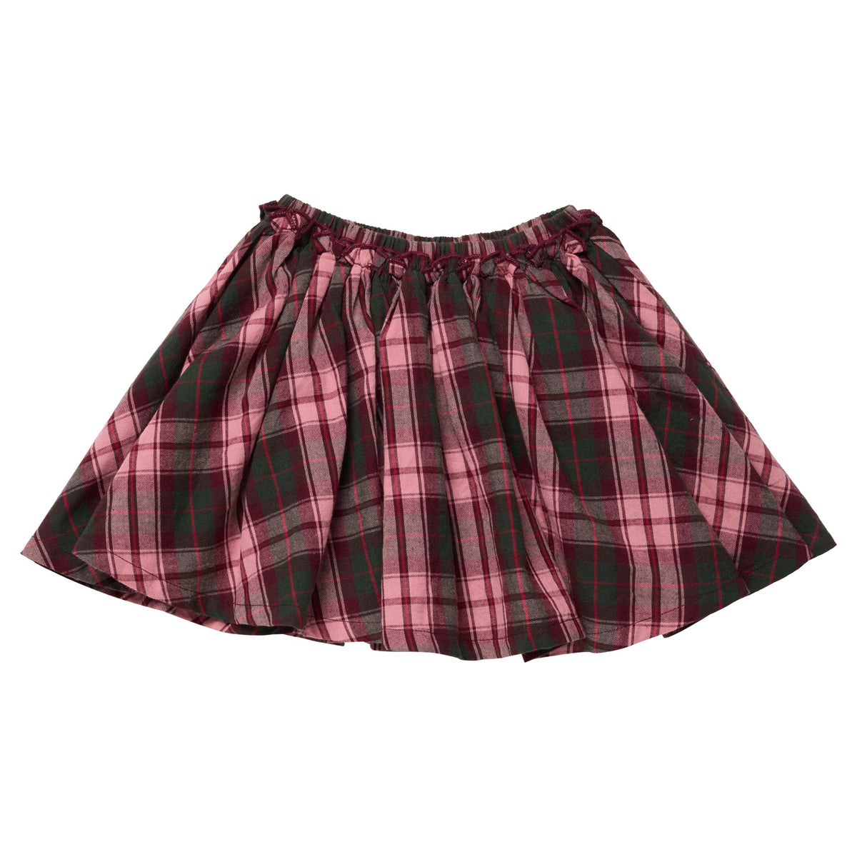 Pink Chicken Girls’ Gianna Skirt in burgundy tartan with a pleated design, pink and dark green plaid pattern, and an elastic waistband.