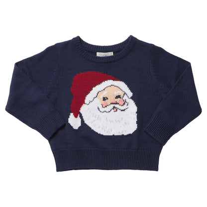 Boys’ Oliver Sweater by Pink Chicken in navy blue, featuring a knit graphic of a jolly Santa Claus’s face on a crewneck.