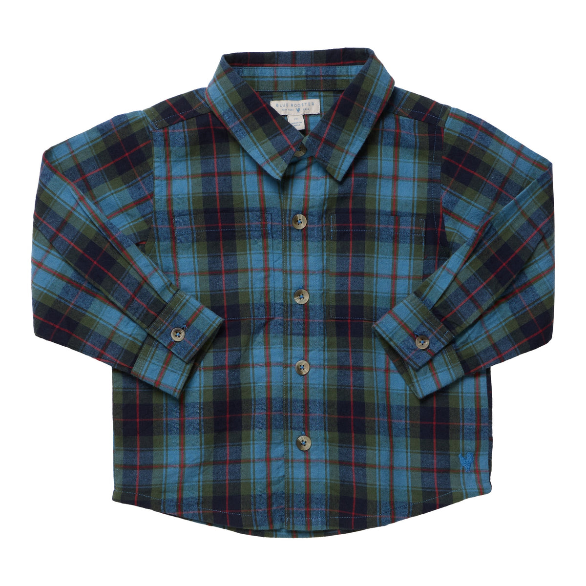 Boys’ Jack Shirt in a blue, green, and red tartan plaid pattern featuring long sleeves and cotton flannel fabric.