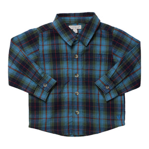 Boys’ Jack Shirt in a blue, green, and red tartan plaid pattern featuring long sleeves and cotton flannel fabric.