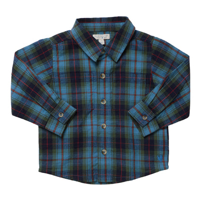 Boys’ Jack Shirt in a blue, green, and red tartan plaid pattern featuring long sleeves and cotton flannel fabric.