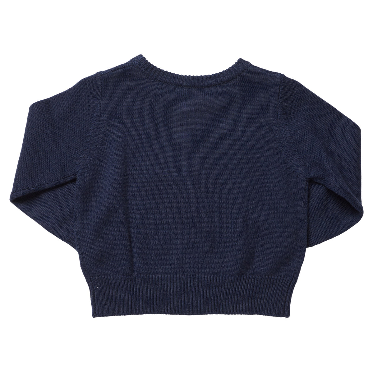 Back view of a navy blue Boys’ Oliver Sweater with long sleeves, ribbed cuffs, and a ribbed hem.