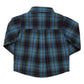 Back view of a blue, green, and red cotton flannel Boys’ Jack Shirt in a plaid pattern.