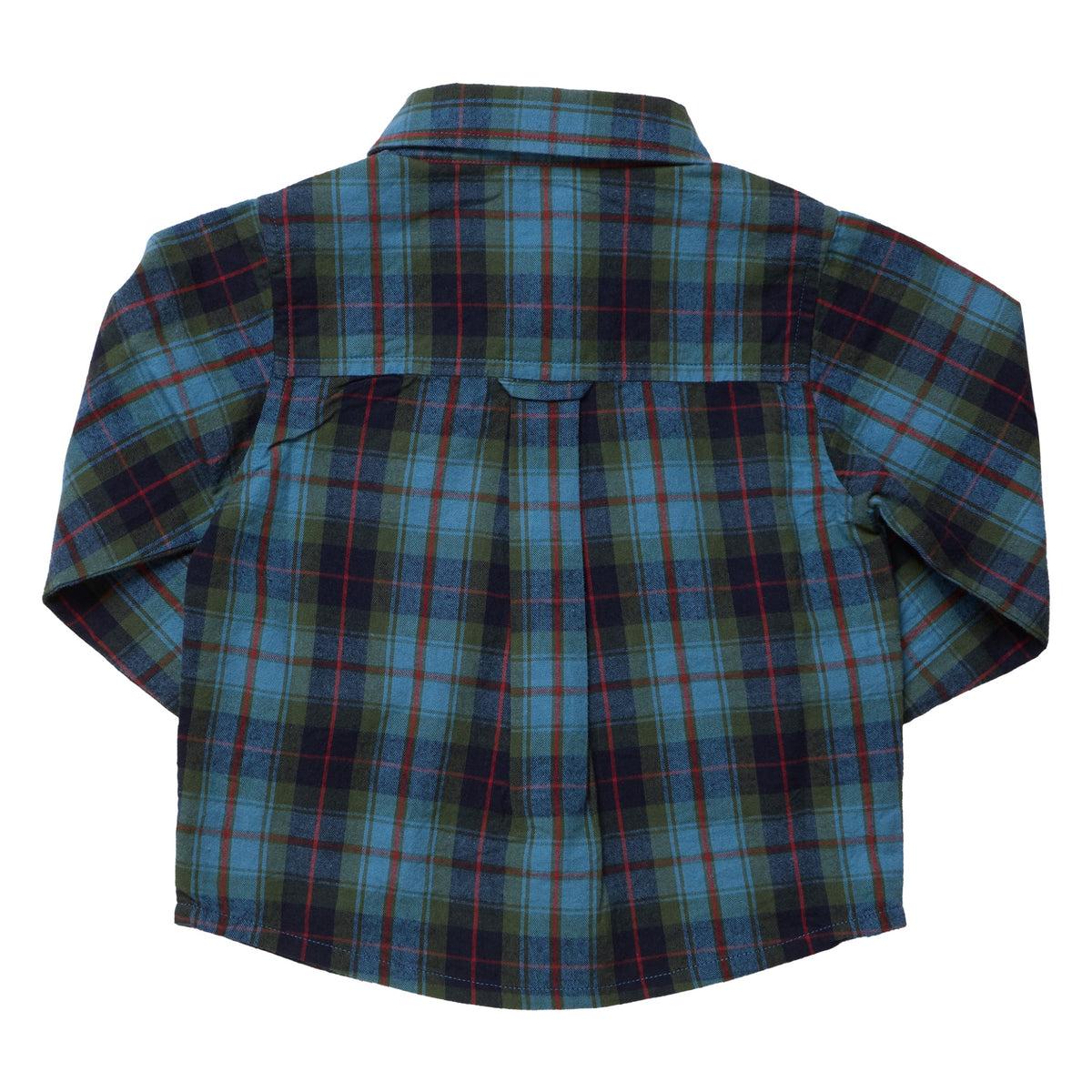Back view of a blue, green, and red cotton flannel Boys’ Jack Shirt in a plaid pattern.