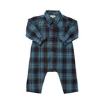 Pink Chicken Baby Boys’ Easton Jumper in a blue, green, and red tartan plaid print with long sleeves and a button-front placket.