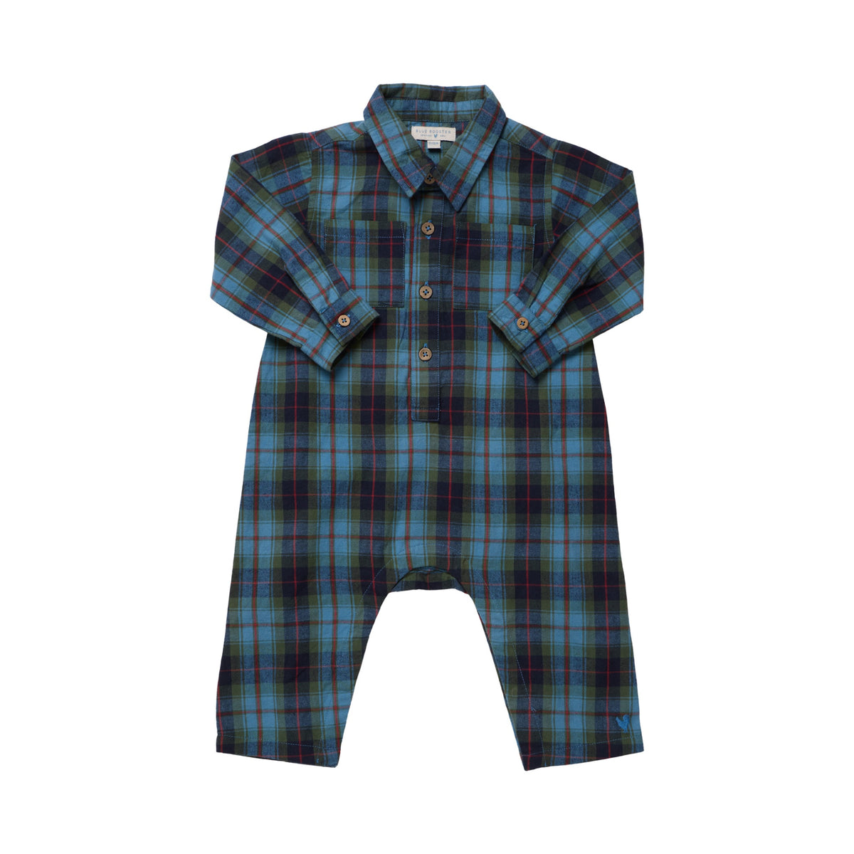 Pink Chicken Baby Boys’ Easton Jumper in a blue, green, and red tartan plaid print with long sleeves and a button-front placket.