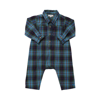 Pink Chicken Baby Boys’ Easton Jumper in a blue, green, and red tartan plaid print with long sleeves and a button-front placket.