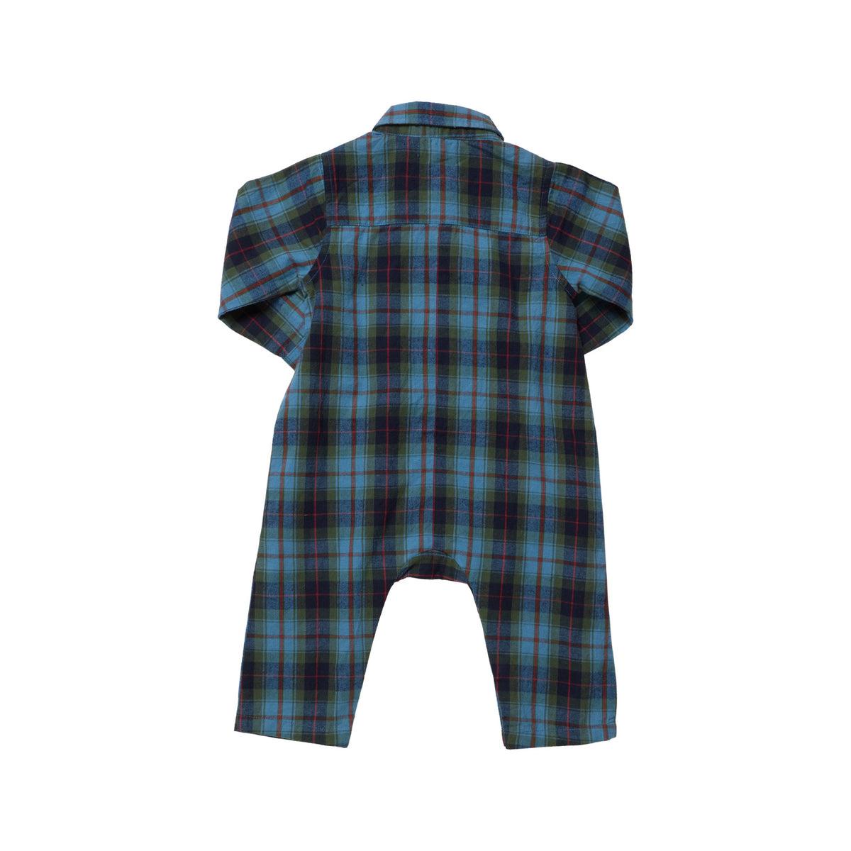 Back view of a Baby Boys’ Easton Jumper in a blue, green, and red cotton flannel plaid pattern.