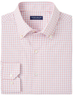 The folded Peter Millar Mingus Performance Poplin Sport Shirt for men, in pink and blue checkered poplin, includes a label on the inside collar and offers performance fabrication with UPF 50+ sun protection.