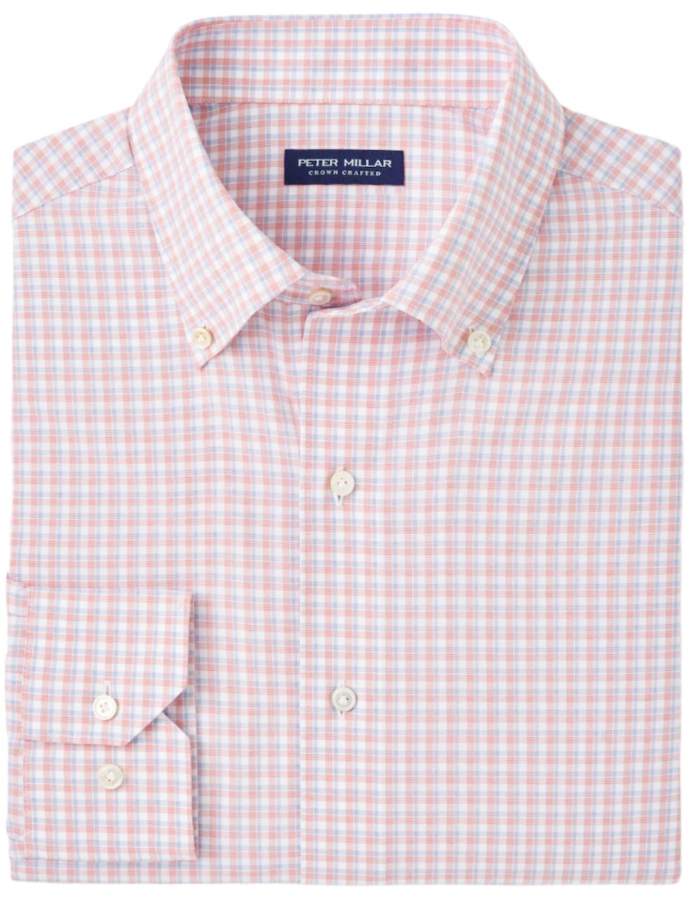 The folded Peter Millar Mingus Performance Poplin Sport Shirt for men, in pink and blue checkered poplin, includes a label on the inside collar and offers performance fabrication with UPF 50+ sun protection.