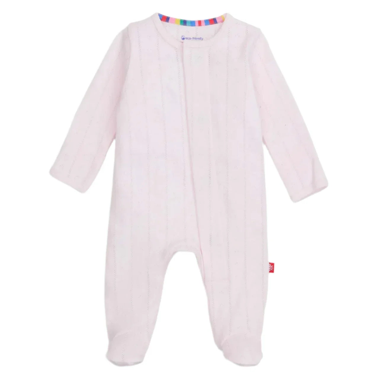 The Magnetic Me Love Lines Pointelle Footie by Magnetic Me is a light pink striped baby footie made from soft organic cotton, featuring long sleeves and covered feet. It includes a front zipper complemented by a small red tag on the side.