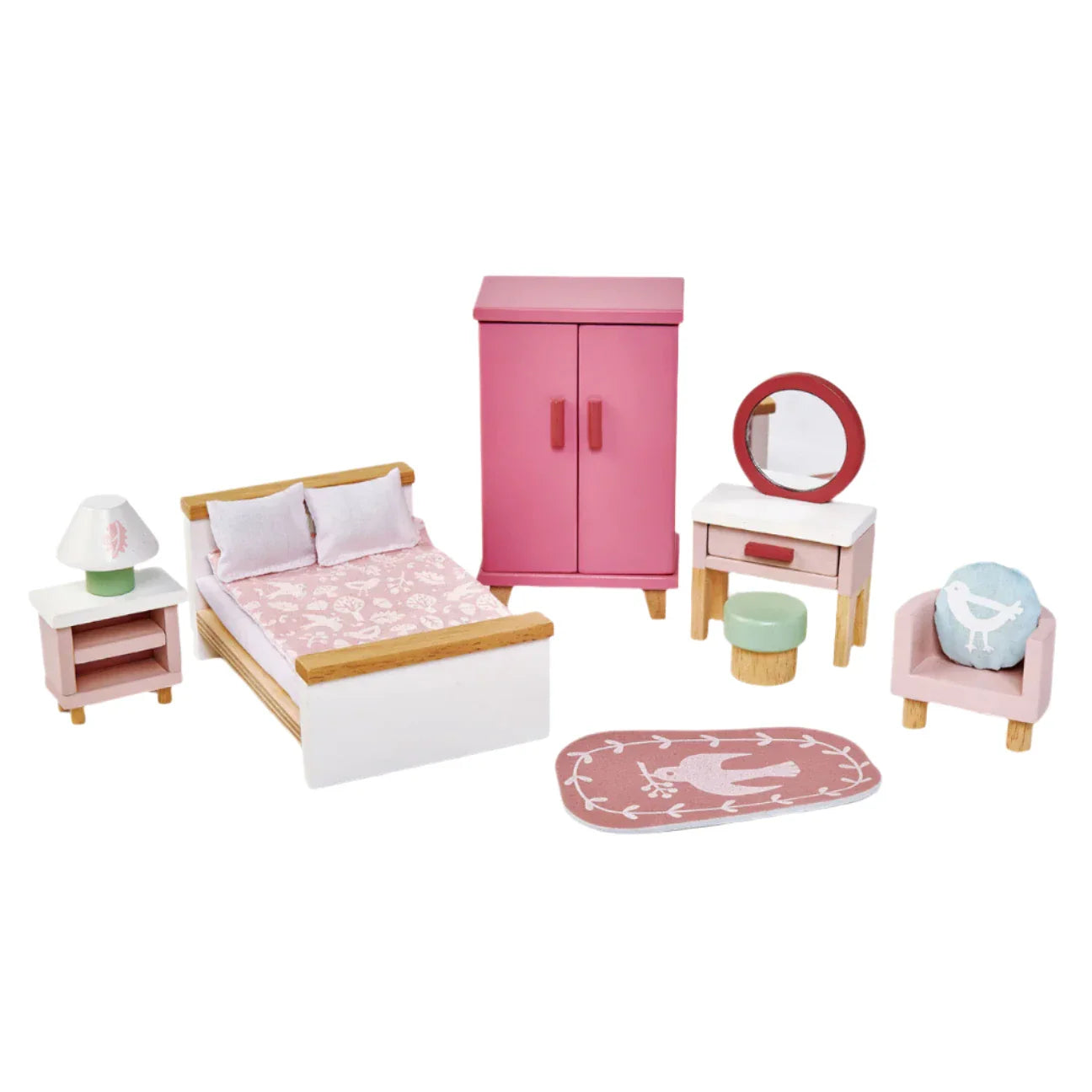 The Tender Leaf Dovetail Bedroom Furniture Set by Tender Leaf Toys is a delightful 1:12 scale collection, showcasing miniature pink and white dollhouse furniture. It includes a bed, wardrobe, chair, nightstand, vanity with mirror, stool, lamp, and rug—ideal for adding a touch of elegance to any tiny home!