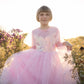 A child wearing the Great Pretenders Elegant In Pink Dress with a sequinned bodice is standing outside in a garden with flowers, smiling at the camera.