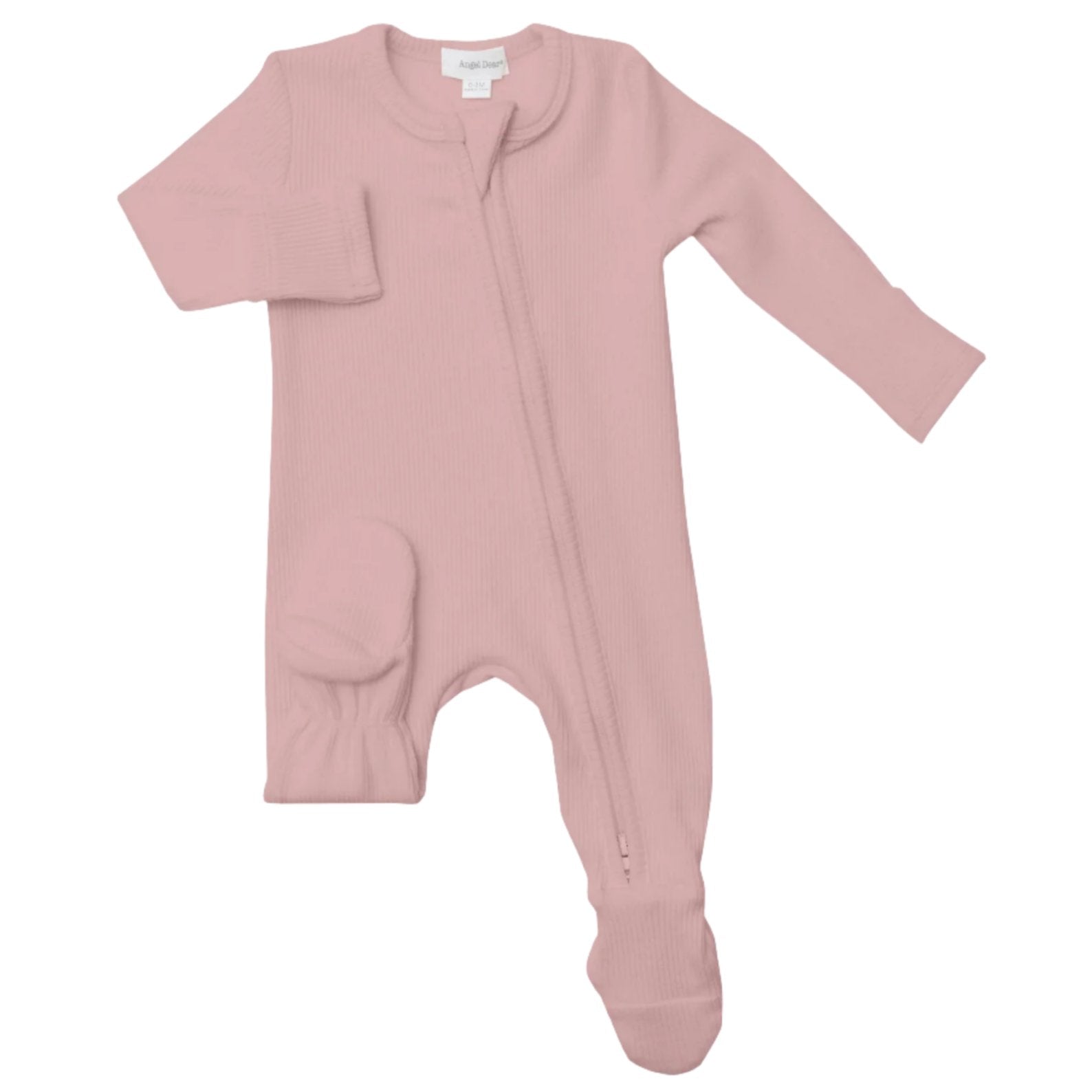 The Angel Dear Rib Zipper Footie by Angel Dear is a pink long-sleeve baby onesie with a front zipper closure, covered feet, and is made from soft bamboo fiber fabric. It also features convenient fold-over cuffs for extra warmth.