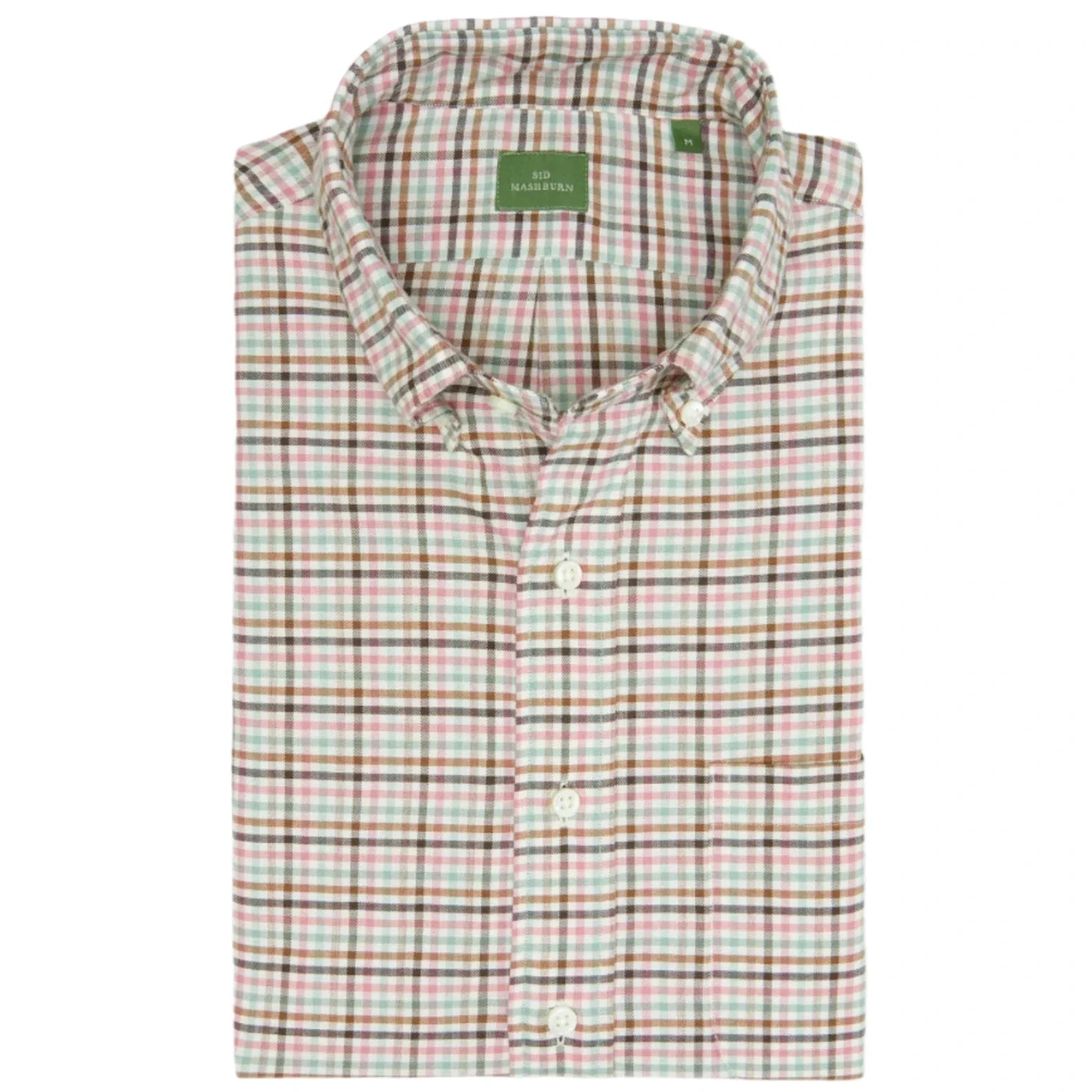 The Sid Mashburn Button Down Sport Shirt features a slim cut and a folded design, showcasing a checkered pattern in red, green, and white cotton.