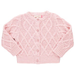 The Pink Chicken Baby Girls' Katrina Sweater is a pink knitted sweater featuring a lattice pattern and glitter button closure down the front.