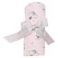 The Angel Dear Gray Elephants Pink Swaddle Blanket, crafted from soft bamboo fabric, features an elephant design and is rolled and tied with a gray ribbon printed with "angel dear.