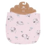 The Angel Dear Gray Elephants Pink Bib is crafted from bamboo fiber, perfect for sensitive skin, and features light gray and blue elephant illustrations. It hangs elegantly on a brown cloud-shaped cardboard hanger labeled "Angel Dear.