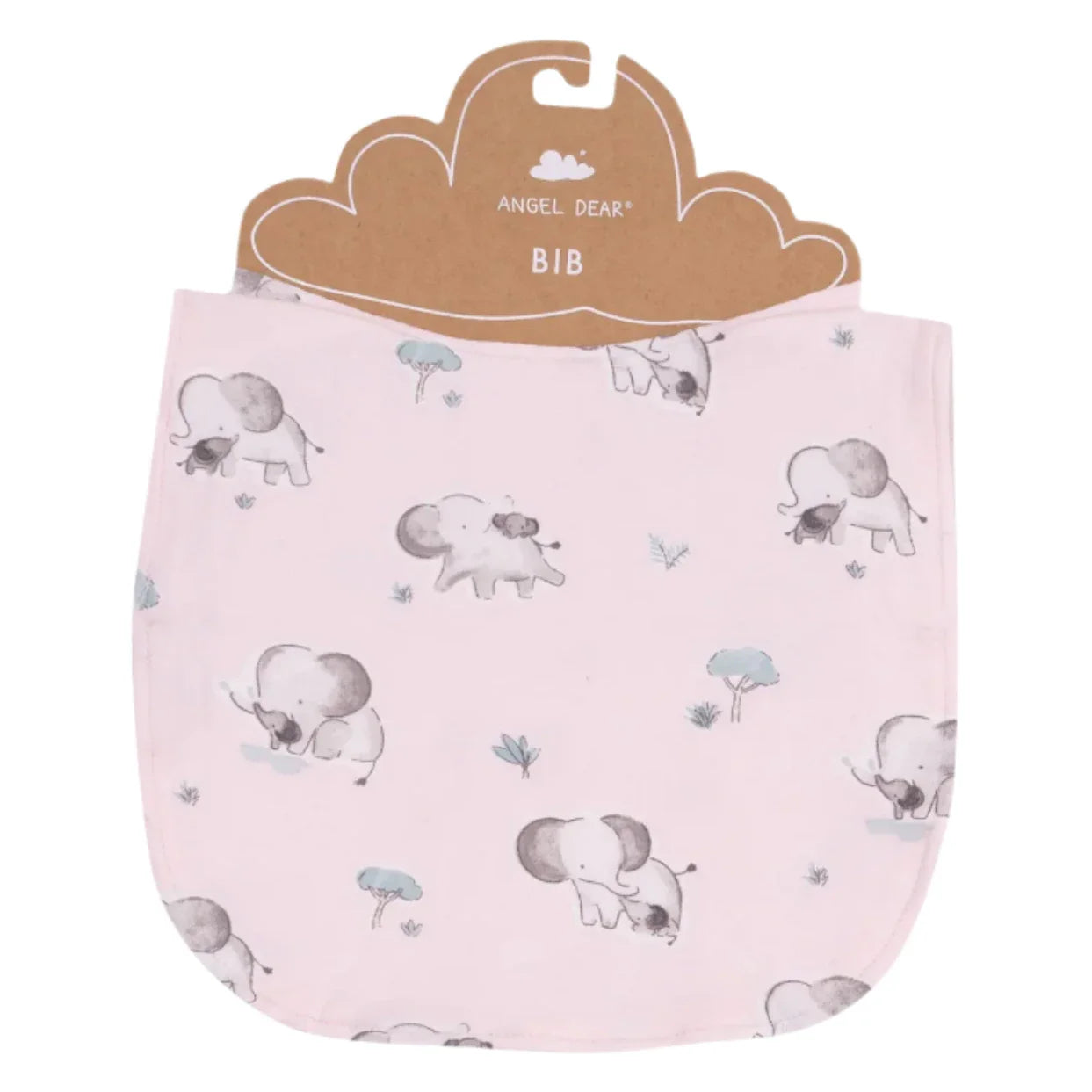 The Angel Dear Gray Elephants Pink Bib is crafted from bamboo fiber, perfect for sensitive skin, and features light gray and blue elephant illustrations. It hangs elegantly on a brown cloud-shaped cardboard hanger labeled "Angel Dear.