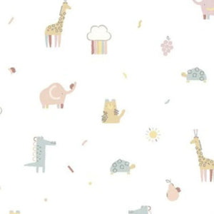 The Magnetic Me Pink Little Bitty Pretty One Blanket showcases a delightful design with cartoon animals such as giraffes, elephants, turtles, and a dinosaur, along with clouds and a sun on a white background. Made from eco-friendly TENCEL™ modal, this blanket is an ideal choice for strollers.