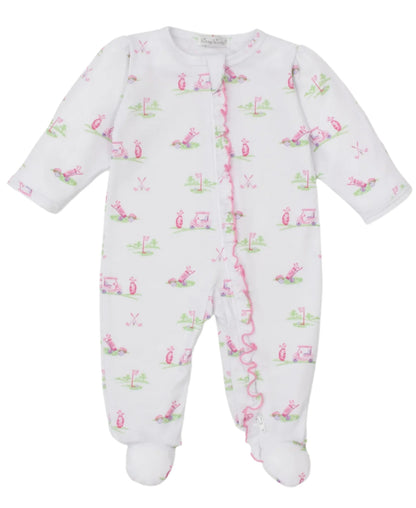 The Kissy Kissy Fairway Foursome Printed Zip Footie is a white onesie made from soft Pima cotton, featuring delightful pink and green golf-themed prints, a front ruffle trim, and a cozy footie design. Perfect for your little one!.