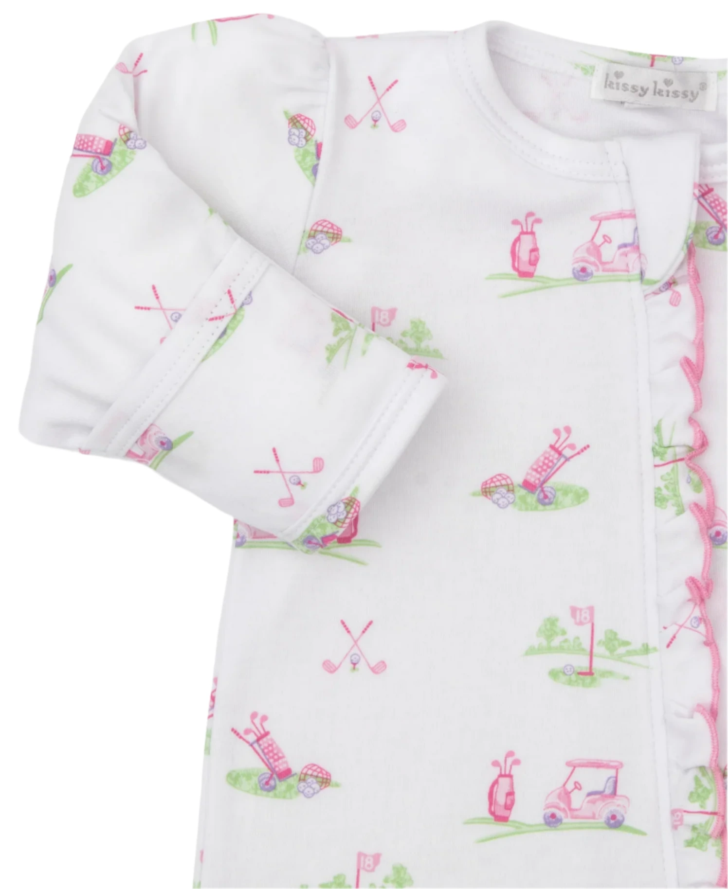 Kissy Kissy Fairway Foursome Printed Zip Footie: A white baby outfit with cozy footies, adorned in pink and green golf-themed prints featuring clubs, carts, and flags, made from soft Pima cotton.