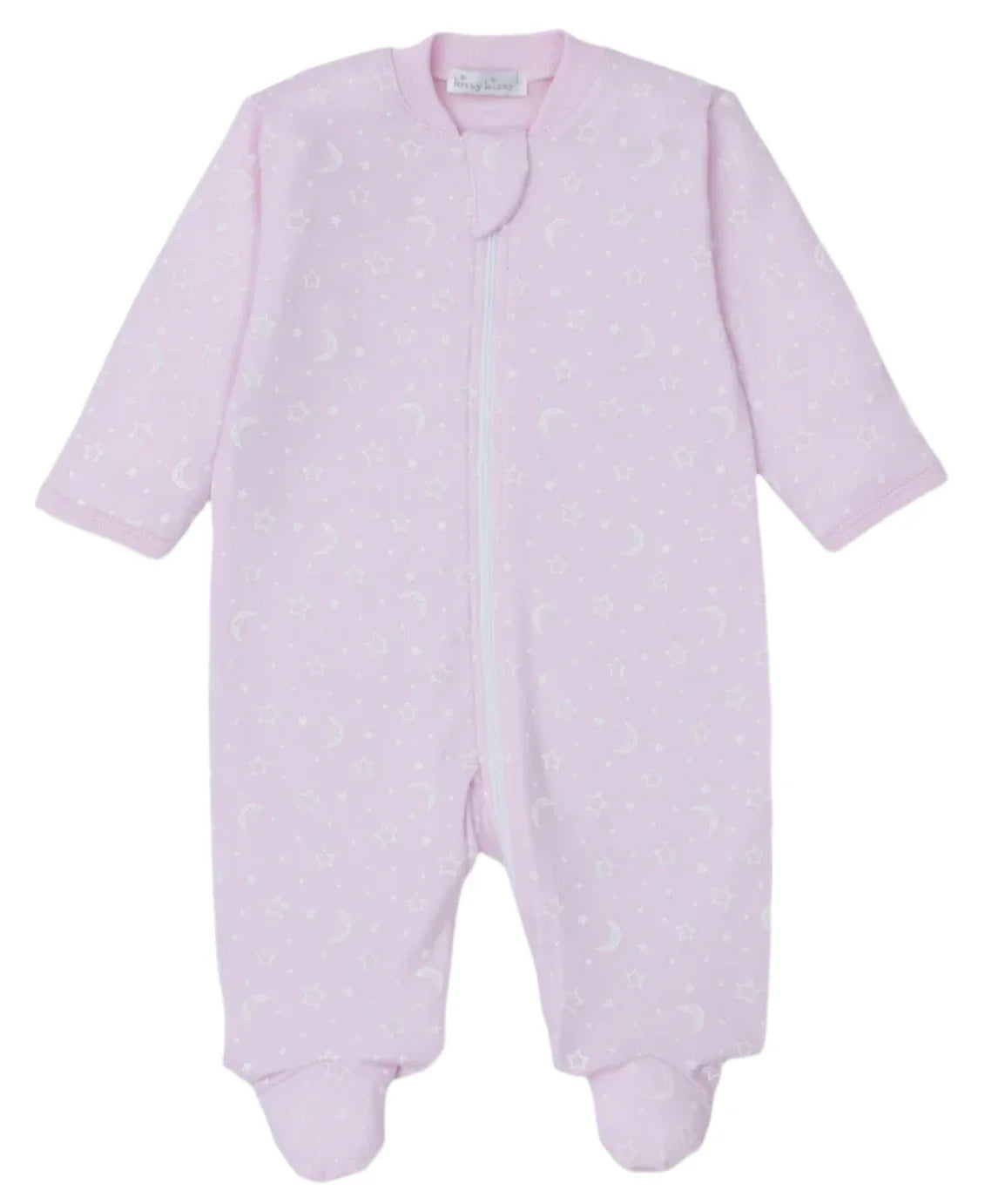 The Kissy Kissy Crescent Moonlight Printed Zip Footie for baby girls is made from pink Pima cotton, featuring long sleeves, cozy foot coverings, and adorned with a subtle crescent moonlight and star pattern.