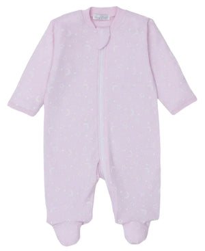 The Kissy Kissy Crescent Moonlight Printed Zip Footie for baby girls is made from pink Pima cotton, featuring long sleeves, cozy foot coverings, and adorned with a subtle crescent moonlight and star pattern.