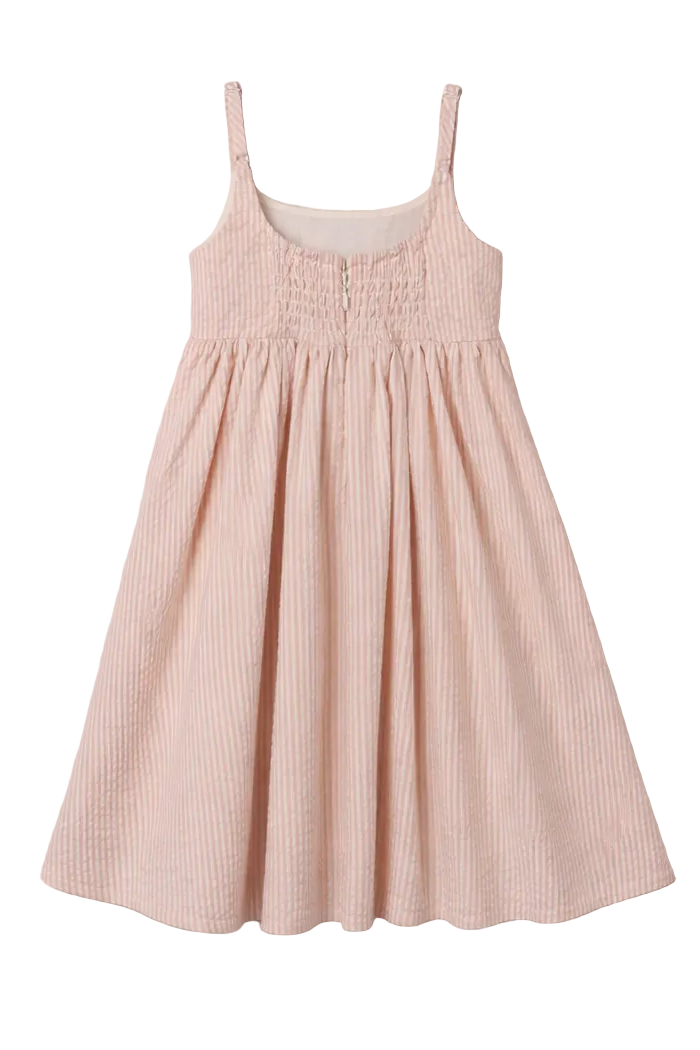 The Noralee Girls' Beatrice Midi Dress showcases a smocked bodice, delicate spaghetti straps, and a gathered skirt in light pink and white stripes, shown on a white background.