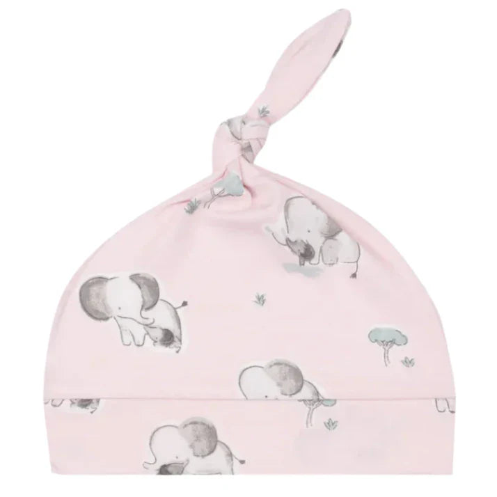 The Angel Dear Gray Elephants Pink Knotted Hat, from the brand Angel Dear, is designed with grey elephant prints and small blue trees against a pink background. Made from soft viscose derived from bamboo, it provides a delicate touch on sensitive skin. The adjustable knot guarantees an ideal fit as babies grow.