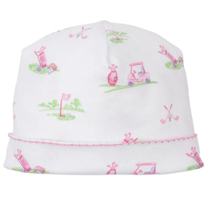 The Kissy Kissy Fairway Foursome Printed Hat, made from 100% Pima cotton, showcases pink and green golf-themed designs like clubs, a cart, and a flag.