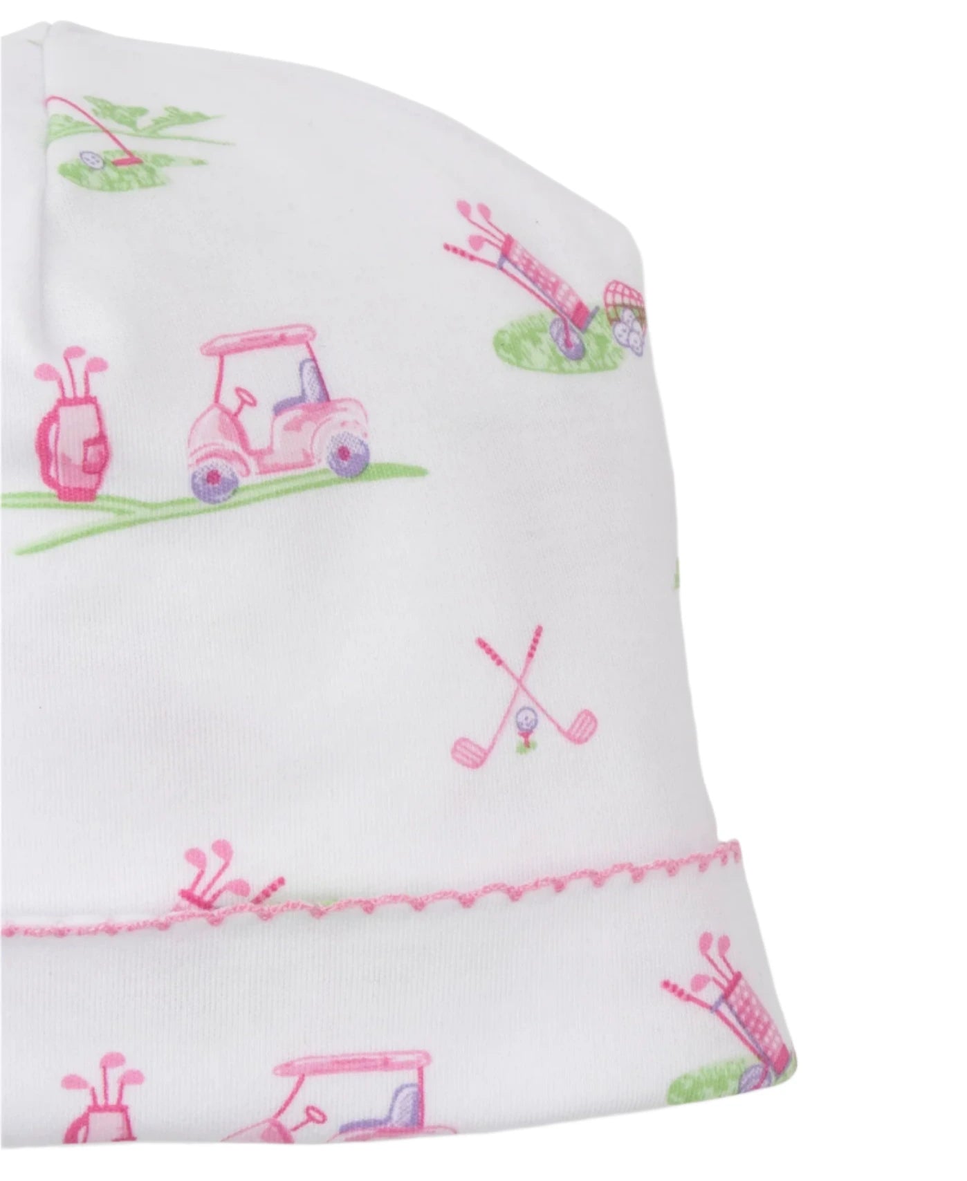 The Kissy Kissy Fairway Foursome Printed Hat, from brand Kissy Kissy, is a white baby hat made of 100% Pima cotton. It showcases pink and green golf-themed illustrations with golf carts, clubs, and balls on grass.