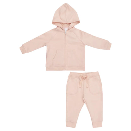 The Angel Dear French Terry Pink Solid Hoodie and Jogger set, crafted by the Angel Dear brand, is displayed on a plain white background. This matching toddler clothing set, made from organic cotton, includes a light pink hooded zip-up jacket and jogger pants with drawstring and pockets.