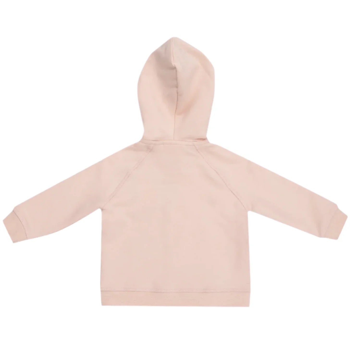 Rear view of the Angel Dear French Terry Pink Solid Hoodie, crafted from soft organic cotton with long sleeves, laid flat on a white background.