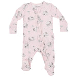 The Angel Dear Gray Elephants Pink 2-Way Ruffle Zip Footie is a pink baby onesie featuring a gray elephant and mushroom pattern. Made from soft bamboo fiber fabric, it includes a front zipper and covered feet for easy changes and comfort.