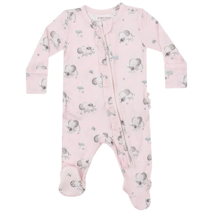 The Angel Dear Gray Elephants Pink 2-Way Ruffle Zip Footie is a pink baby onesie featuring a gray elephant and mushroom pattern. Made from soft bamboo fiber fabric, it includes a front zipper and covered feet for easy changes and comfort.