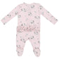 The Angel Dear Gray Elephants Pink 2-Way Ruffle Zip Footie is a pink baby onesie featuring an elephant print and ruffled detailing on the back, made from soft bamboo fiber fabric.