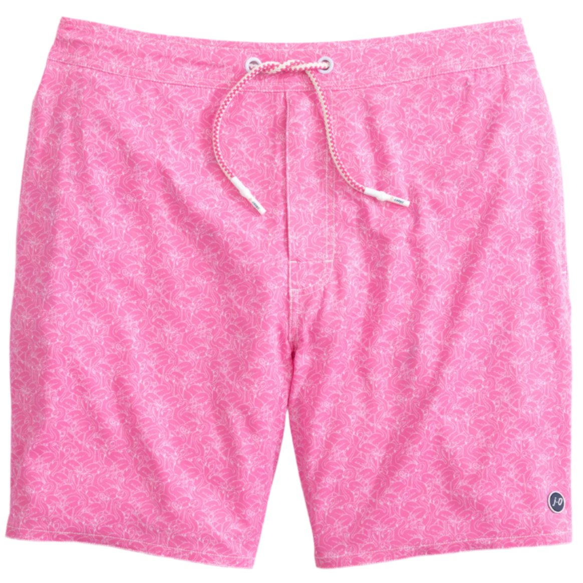 The Johnnie-O Tickled Pink Swim Trunks, by Johnnie-O, feature a subtle floral pattern and a white drawstring, making them perfect for beach comfort.