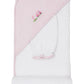 The Kissy Kissy Fairway Foursome Hooded Towel & Mitt Set, featuring a white baby towel with a pink striped hood and embroidered floral design, is perfect for bathtime and displayed folded with a soft washing mitt.