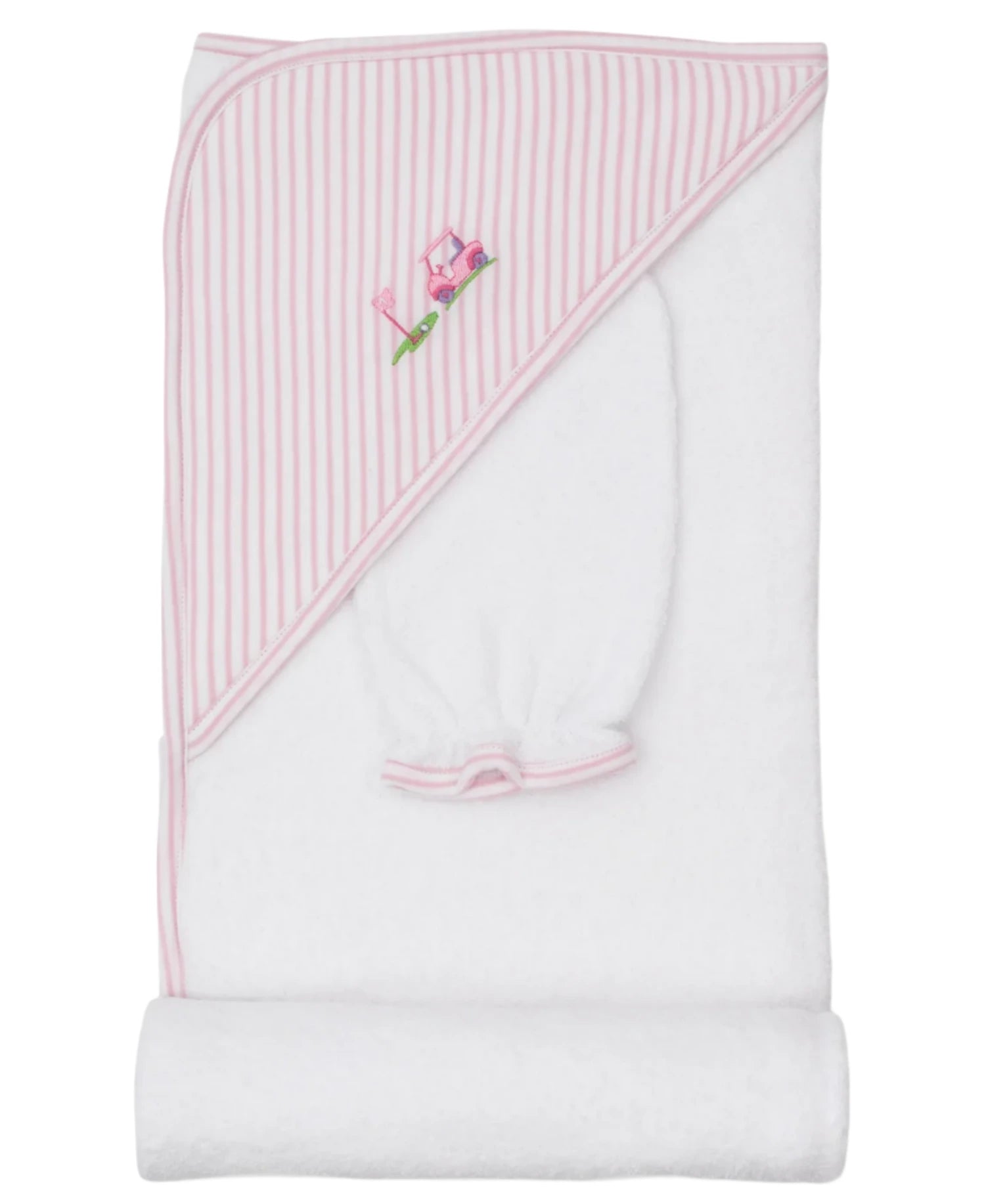 The Kissy Kissy Fairway Foursome Hooded Towel & Mitt Set, featuring a white baby towel with a pink striped hood and embroidered floral design, is perfect for bathtime and displayed folded with a soft washing mitt.