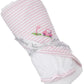 The Kissy Kissy Fairway Foursome Hooded Towel & Mitt Set, in pink and white stripes with adorable golf-themed embroidery including a golf cart and flag, is elegantly tied with a branded ribbon, making it perfect for cozy baby bathtime moments.