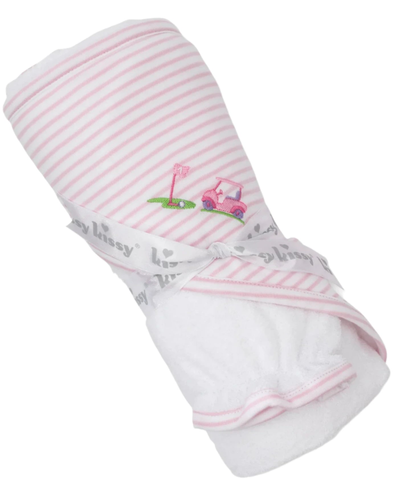 The Kissy Kissy Fairway Foursome Hooded Towel & Mitt Set, in pink and white stripes with adorable golf-themed embroidery including a golf cart and flag, is elegantly tied with a branded ribbon, making it perfect for cozy baby bathtime moments.