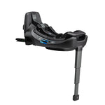 Side view of a black Nuna PIPA RELX Base infant car seat base from Nuna, featuring an adjustable stability leg and steel-reinforced rigid latch for added support.