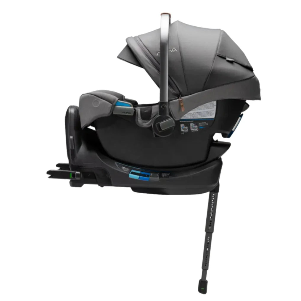 A Nuna PIPA RELX Base from the Nuna brand features a black base, an adjustable canopy, and a steel-reinforced rigid latch.